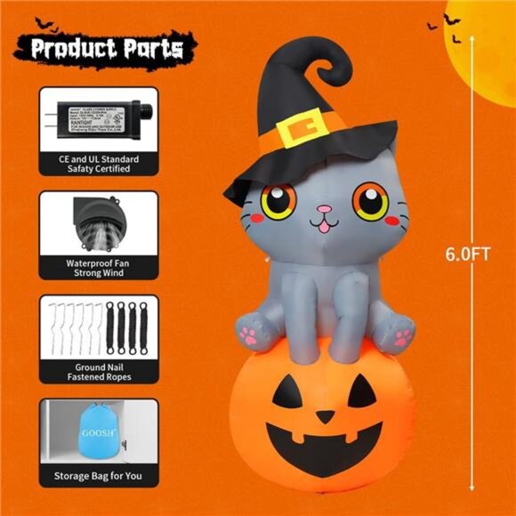 6 FT Halloween Inflatables Cat Outdoor Decorations Blow Up Yard Cute - Picture 2 of 7